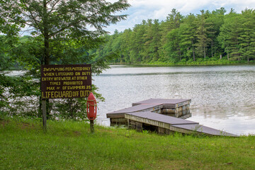 Obraz premium Wooden dock and warning sign along the shore of Sky Lake outside of Windsor in Upstate NY. A very overcast day this summer has kept swimmers out of the cool water.