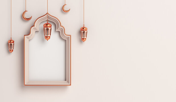 Islamic decoration background with mosque window, lantern, crescent moon, cartoon style, ramadan kareem, mawlid, iftar, isra  miraj, eid al fitr adha, muharram, copy space, 3D illustration.