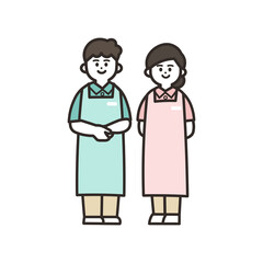 男女のスタッフ　エプロン付き