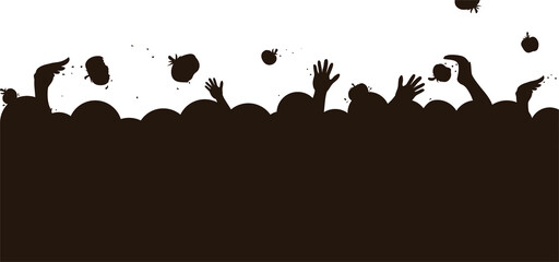 Banner with crowd silhouette playing tomatoes throwing, Vector illustration