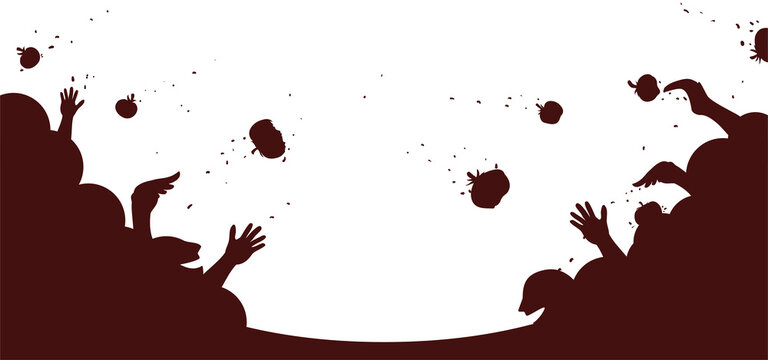 Silhouette with two groups of people playing throwing tomatoes, Vector illustration