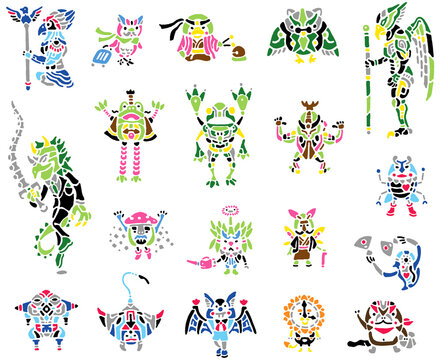 生き物のイラスト素材　鳥　蛙　キャラクターデザイン　トライバル