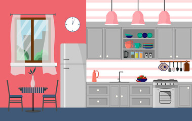 Kitchen interior - kitchen furniture and utensils. Vector illustration. For use in flyers, menus, covers and brochures, advertising posters.