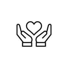 heart symbol on open hand. black icon on white background