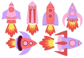 Set cartoon spaceship for stickers and kids and hobbies and school notebooks and clothes print