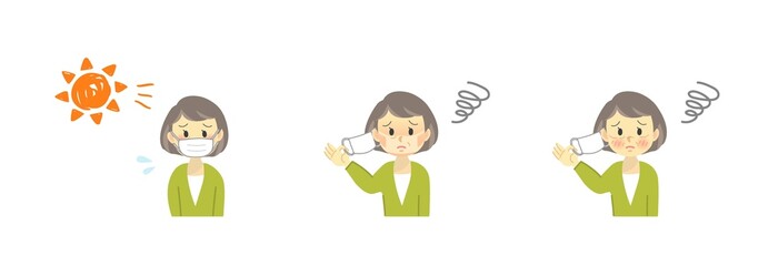 Obraz premium イラスト素材：シニア女性のマスクトラブルセット/皮膚の肌荒れ悩み 