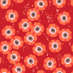 Stylish seamless pattern with stylized anemone flowers. Vector floral background in red colors. Floral pattern for fabric, wallpapers and wrapping paper.