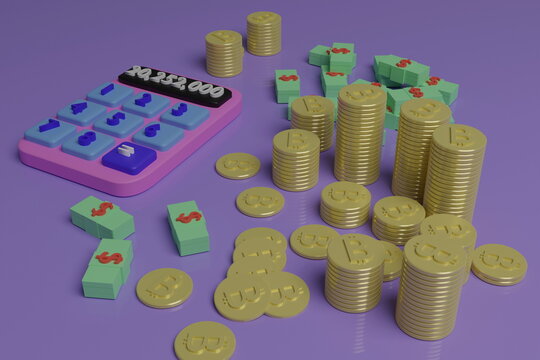 Calculator, bitcoin, us dollar stacked on purple background, 3d render illustration with soft lights.
