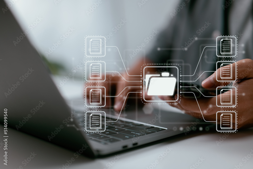 Poster Document Management System (DMS), online documentation database, and process automation to manage files, knowledge, and documents in an ERP environment. Business technology for corporations.