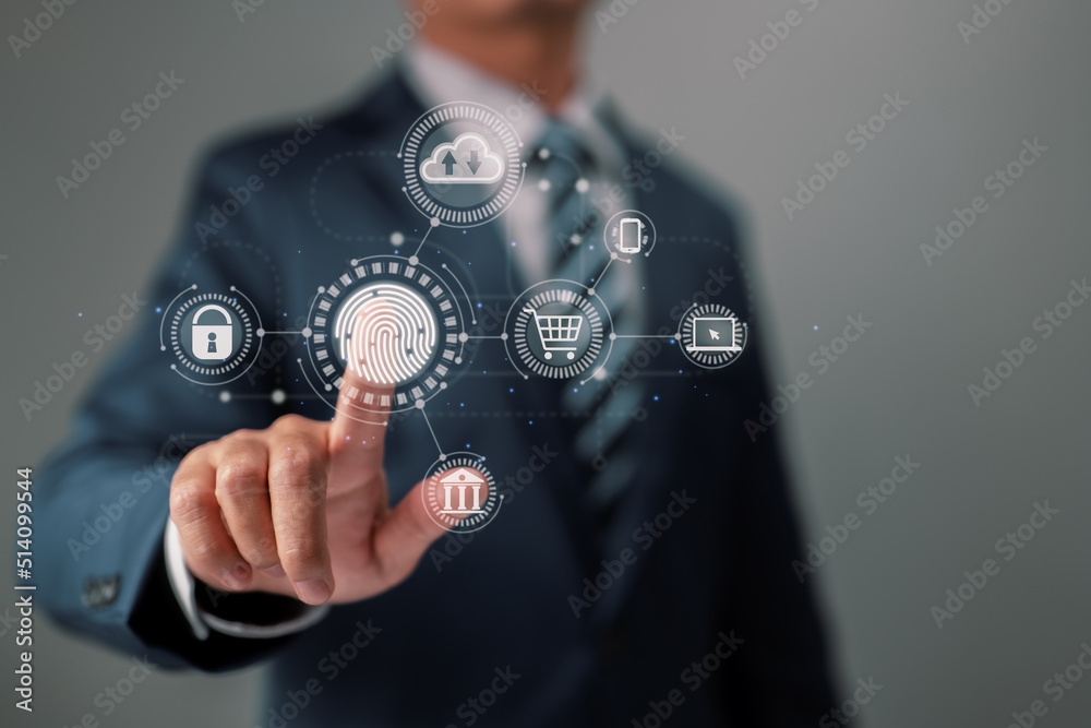 Aufkleber On a virtual screen displaying online transactions, a businessman's fingerprint offers a secure gateway for online shopping, banking, and cloud computing.