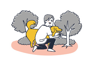 森でペットの犬とボール遊びをする男性　自然の中で余暇を楽しむ人々