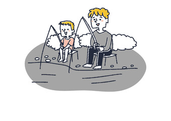 魚釣りをする親子　自然の中で余暇を楽しむ人々