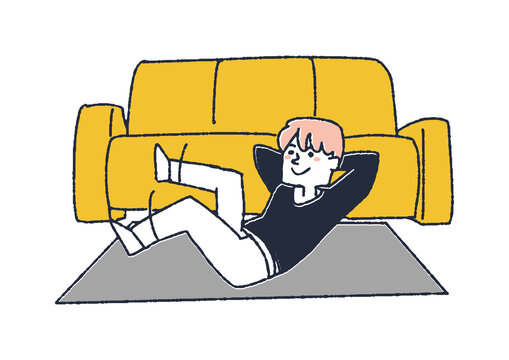 recommend clip art: ヨガマットの上でレッグ運動をする男性　自宅で運動をする人々
