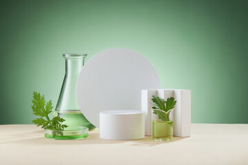 Front view of mugwort ( artemesia vulgaris ) decorated in petri dish glassware white poodium cosmetic jar and green background