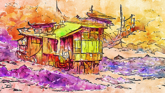 painting on the wall of a shack house in watercolor style with warm colors