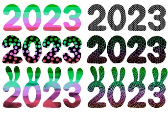 Set with 2023 rabbit numbers for new year gifts and stickers and notebooks and hobbies and holidays