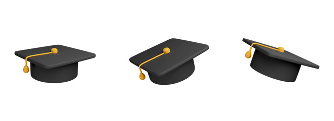 pack of graduation hats in different positions. graduation concept. 3d illustrations