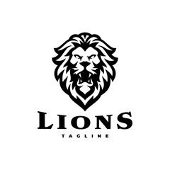 Angry lion head mascot logo design. Line art vector illustration