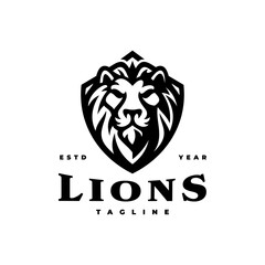 Lion head and shield emblem logo design. Line art vector illustration