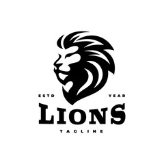 Lion head mascot logo design. Line art vector illustration in black and white color