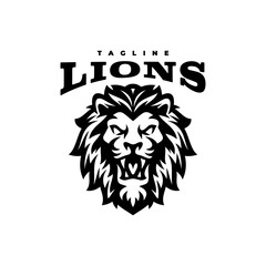Angry lion head mascot logo design. Line art vector illustration