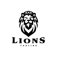 Lion head mascot logo design. Line art vector illustration in black and white color