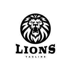 Lion head or face in a circle emblem logo design. Line art vector illustration