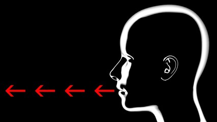 Arrows exit  mouth of human silhouette.Person with arrows leaving mouth. Stream of arrows going out from  lips. 3d render illustration