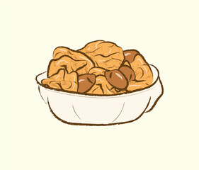 Brown fried gluten with peanuts in a white round bowl in vector flat illustration art design