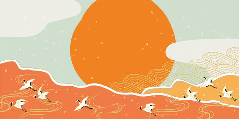 鶴　日の出イメージ　背景イラスト