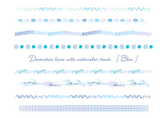 波、光、タイル、テープの青系水彩タッチ装飾ライン素材