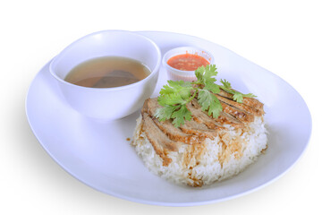 Rice roasted duck with sauce thai food on White background (clipping path)
