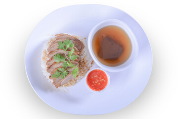 Rice roasted duck with sauce thai food  on White background (clipping path)
