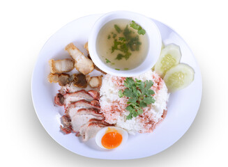Rice with Roasted pork and Deep fried pork on top, serve  on White background (clipping path)