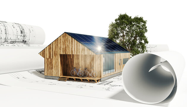 Ferien/Wochenendhaus mit Solarmodulen  und einer Lichtpiegelung- 3D Visualization