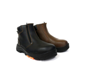 Black safety shoes to protect the feet of the workers from the impact of hard objects