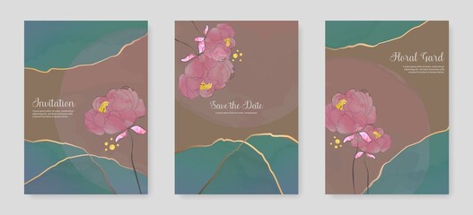 Creative Botanical Hand Painted Abstract Art Minimalist Cards Set with Pink Flowers. Vector Modern Design for Wall Decor, Card, Print, Poster or Cover. Wedding Invitation Card Design.