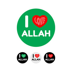 I Love Allah Text with Red Hearts Isolated on Green Background, Islamic Vector illustration.