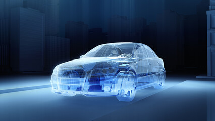 Translucent car with wire-frame on the model in the dark city background.3d rendering.