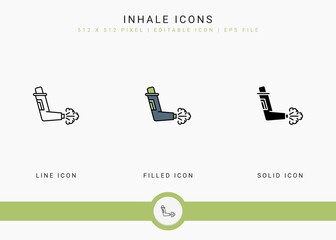 Inhale icons set vector illustration with solid icon line style. Asthma spray concept. Editable stroke icon on isolated background for web design, infographic and UI mobile app. © Liara Studio