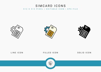 Simcard icons set vector illustration with solid icon line style. Phone nano chip concept. Editable stroke icon on isolated background for web design, user interface, and mobile application