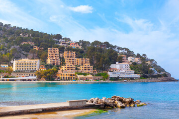 Port de Soller , hotels on the coast . Mallorca island beach