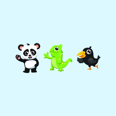 Chameleon, panda, and toucan simple character vector design
