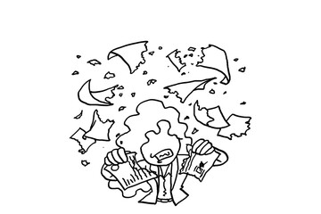Fototapeta premium Angry female worker ripping out paper. Stress at work concept. Cartoon vector illustration design