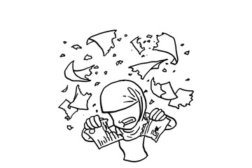 Obraz premium Angry muslim female worker ripping out contract. Stress at work concept. Cartoon vector illustration design