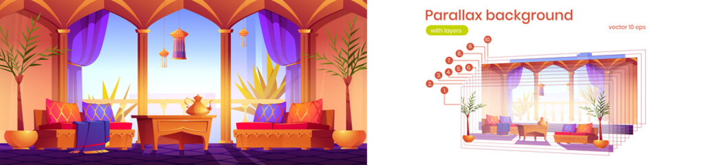 Parallax background for game with arabic style living room, palace or hotel interior. 2d cartoon apartment with oriental furniture, arched windows and lanterns , separated layers, Vector illustration