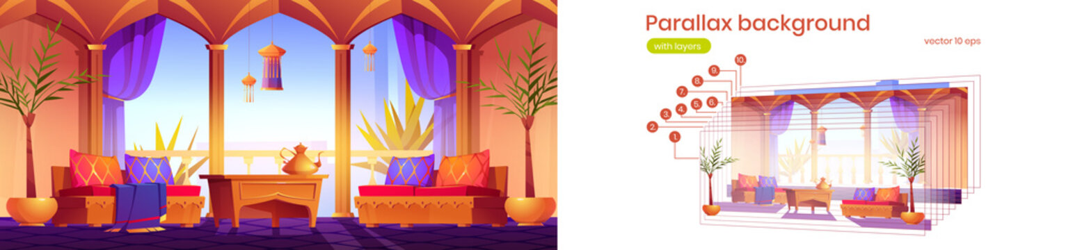 Parallax Background For Game With Arabic Style Living Room, Palace Or Hotel Interior. 2d Cartoon Apartment With Oriental Furniture, Arched Windows And Lanterns , Separated Layers, Vector Illustration