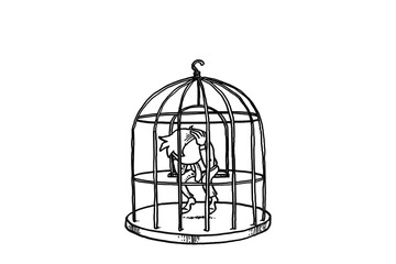 Depressed man locked up in bird cage. Concept of unfulfill life. Cartoon vector illustration design