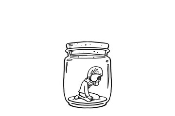Muslim business woman imprisoned in a jar. Concept of stressed worker. Cartoon vector illustration design