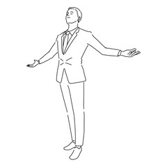 両手を広げ空を仰ぐビジネスマンのイラスト（白背景・ベクター・線画・切り抜き）